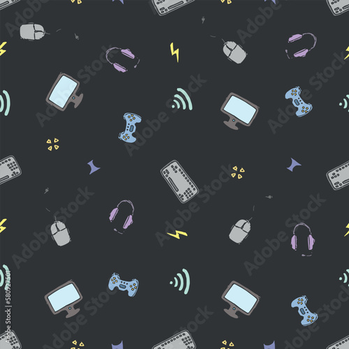 Seamless gaming pattern. Background with gamepad,monitor, keyboard, computer mouse, headphones