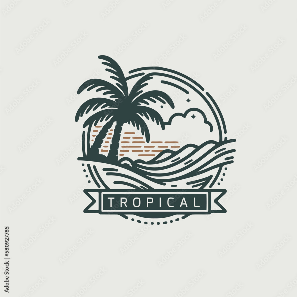 Tropical beach logo design template. Vector illustration. Vintage typography badge.Beach logo template. Palm tree and waves. Vector illustration.