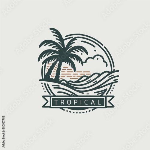 Tropical beach logo design template. Vector illustration. Vintage typography badge.Beach logo template. Palm tree and waves. Vector illustration.