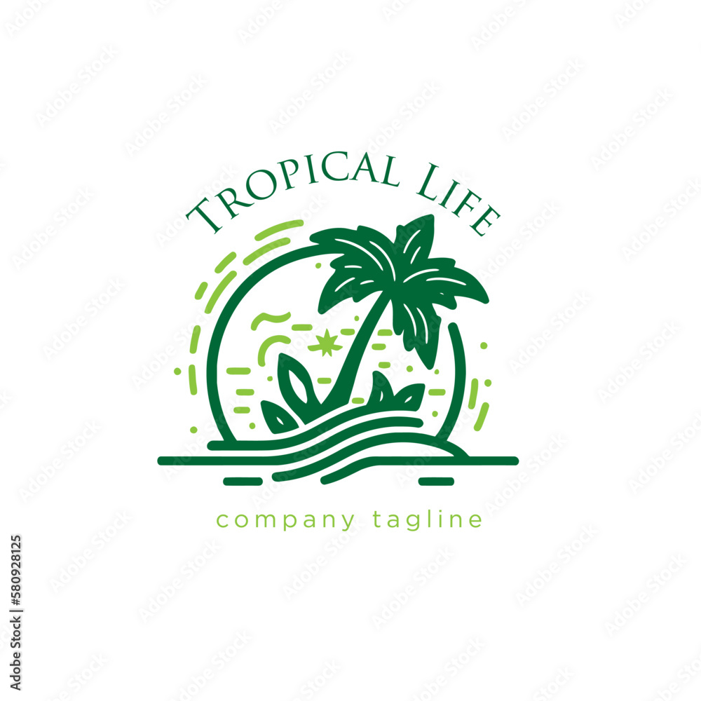 Tropical beach logo template. Palm tree, sea waves, sun and palm trees. Vector illustration.