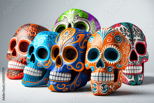 Colorful Day of the Dead Masks on White Background