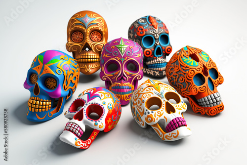 Colorful Day of the Dead Masks on White Background
