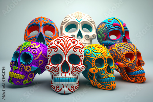 Colorful Day of the Dead Masks on White Background