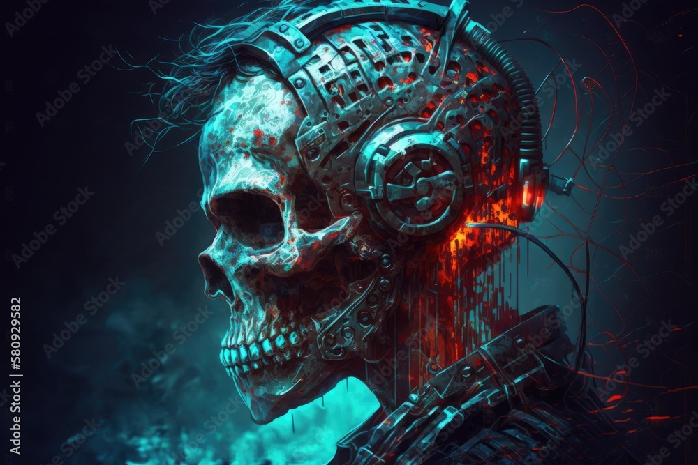 Illustration of a science fiction cyberpunk skull faced cyborg with headphones playing techno music. Generative AI