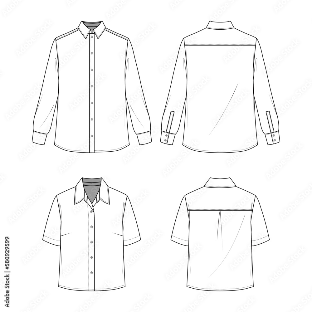 Technical Sketch Classic Button Down Shirt Design Template Front And Back View White Shirt Mock 6010