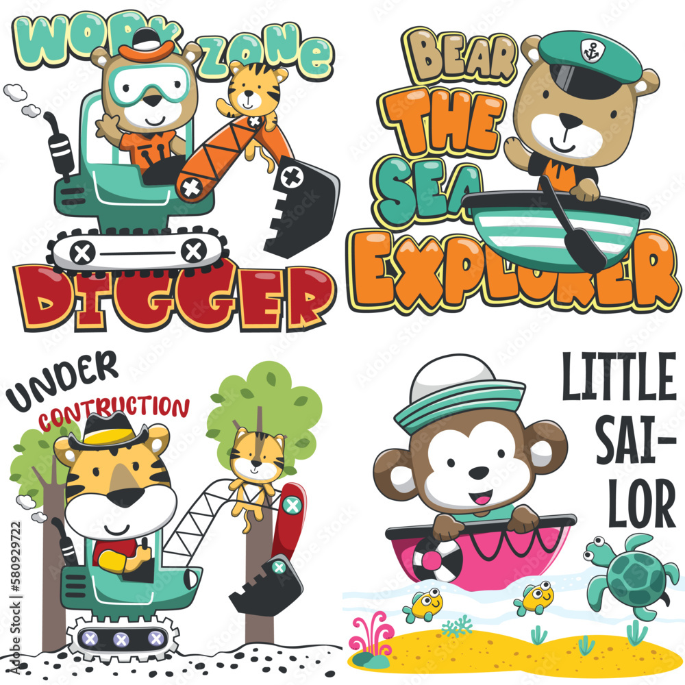 Fototapeta premium Set of cartoon kid animal activity. Tiger and bear the builder construction worker. Bear and monkey the sailor. Isolated objects on white background. Concept for children print.