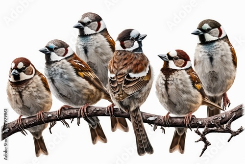 many small funny birds sparrows are sitting on a branch on a white isolated background. Generative AI