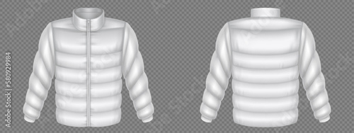Puffer jacket, padded winter coat template. Men white apparel, outdoor wear with zipper in front and back view isolated on transparent background, vector realistic mockup