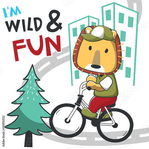 Cute lion riding a bicycle. Trendy children graphic Vector illustration T-Shirt Design for children. Can be used for children wear fashion designs, baby shower invitation cards and other decoration.