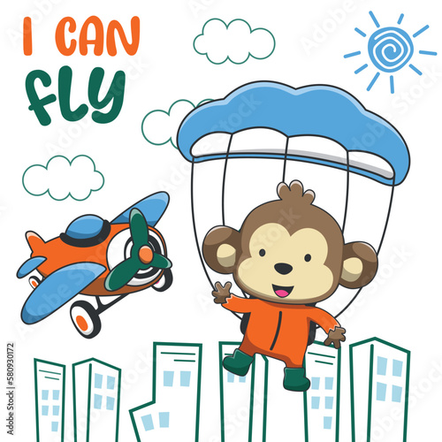 Vector illustration of a cute little monkey flying with a parachute. with cartoon style. Creative vector childish background for fabric textile, nursery wallpaper, poster, card, and other decoration.