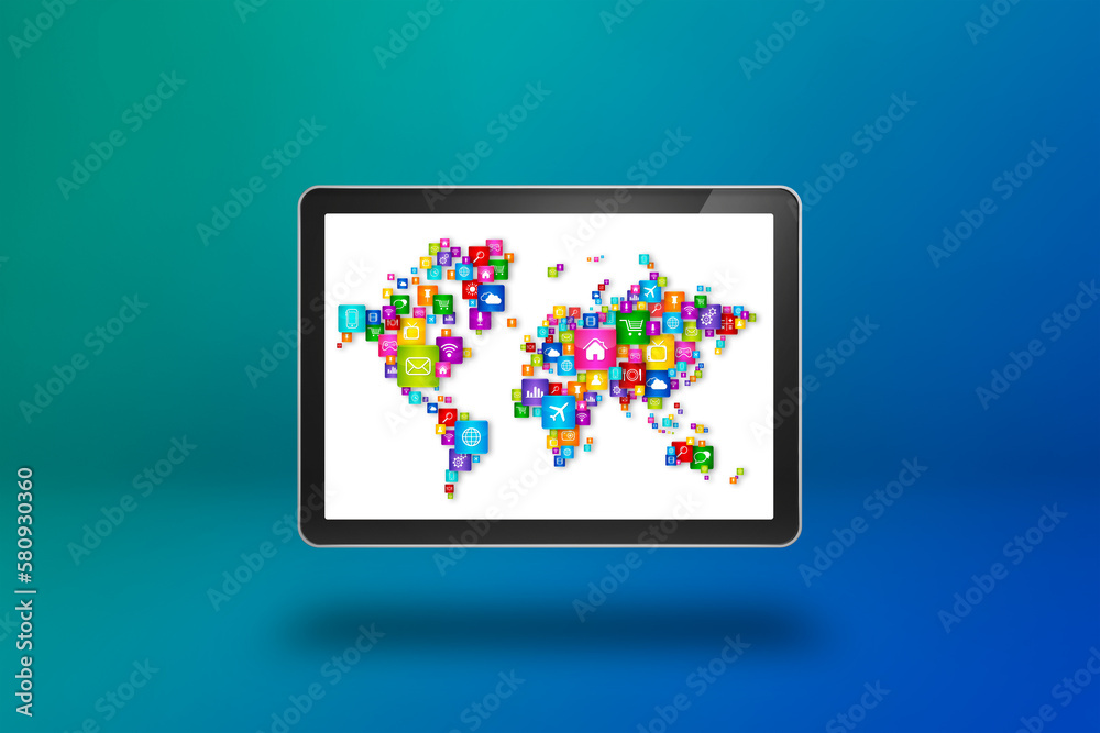 Fototapeta premium World Map made of icons on a tablet PC screen