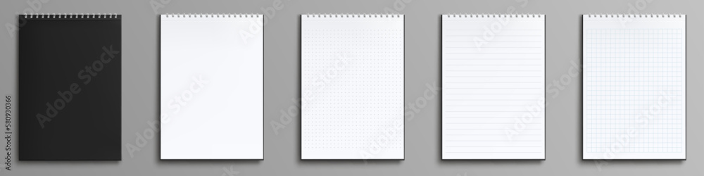 Notebooks, paper notepads with spiral binders and black cover. Template ...