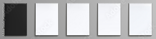 Notebooks, paper notepads with spiral binders and black cover. Template of blank diary or pad with white pages for school education, office, planner or sketchbook, vector realistic illustration