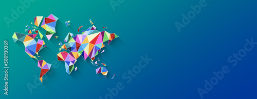 World map shape made of colorful polygons. 3D illustration on a blue background. Horizontal banner