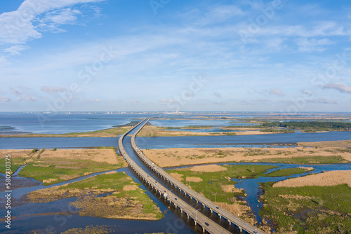 Aerial view of interstate 10 bridge on Mobile Bay in March 2023
