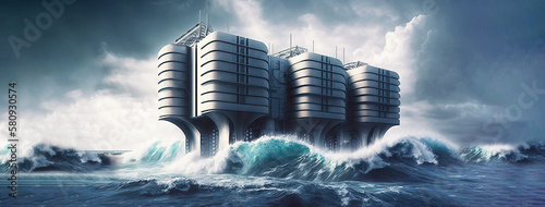 Renewable Energy. Ocean wave power generator or tidal power energy facility, in rough waters. Creates  electricity from tidal energy. Future technology. Generative AI. photo