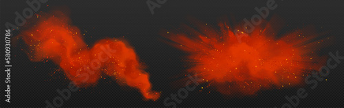 Red spice powder, paprika and ground chilli pepper explosion. Splashes of seasoning, red dust or paint isolated on transparent background, vector realistic illustration