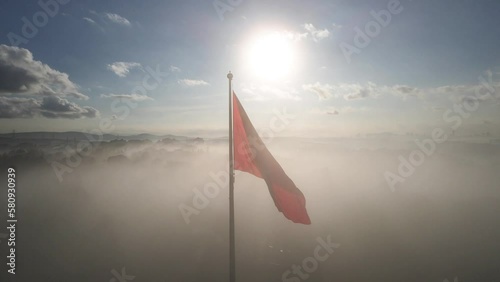 Turkish Flag in the Fog Drone Video, Fatih Sultan Mehmet Bridge Kavacik, Beykoz Istanbul, Turkiye  photo
