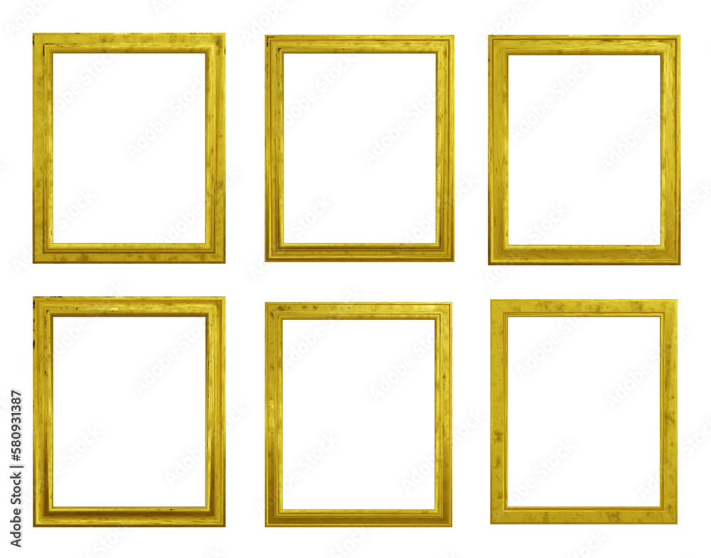 Set of golden frame isolated on transparent background, 3d render illustration. Set of golden frame isolated on transparent background, 3d render illustration.