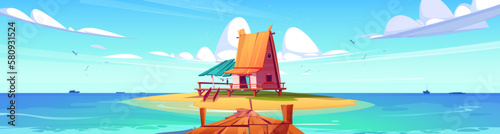 Tropical hut on beach island with pier cartoon landscape. Bungalow house sea paradise for exotic vacation. Wooden cabin on hawaii background. Adventure on private building with terrace, fishing house