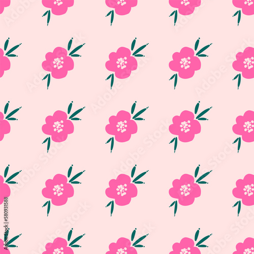 Seamless repeating pattern with pink flowers on pink background.