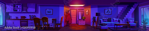 Panoramic view of scandinavian style apartment interior. Vector cartoon illustration of night hallway, living room and kitchen area with staircase, large windows, furniture and decor. Cozy home inside