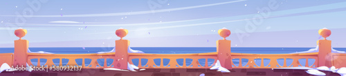 Hotel terrace empty view with sea and blue sky. Winter vector background of indian palace balcony with snow and ocean landscape. Balustrade on ancient patio with falling snow. Baroque lounge design