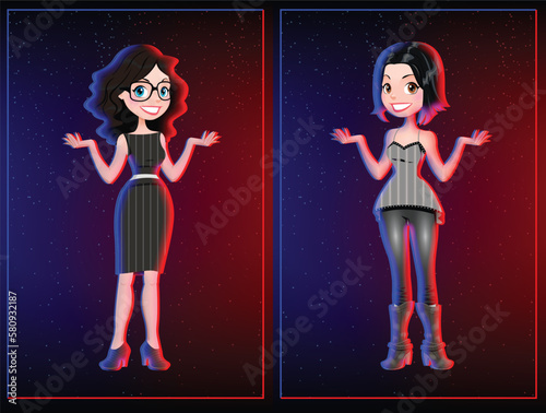cartoon girls in black and red dress outfit club highlight night dance club night highlight