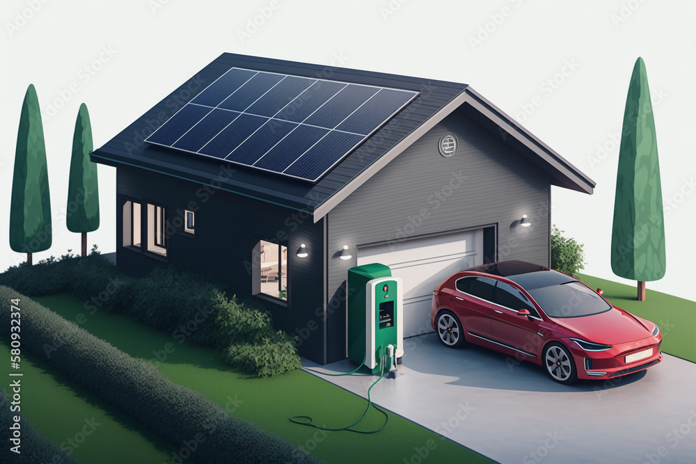 Electric car parking charging at home garage with green roof wall box ...