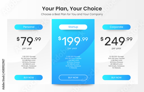 3 Plan Pricing Table Template Design, Gradient Blue Theme Illustration