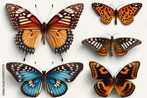 Butterflies collection on white