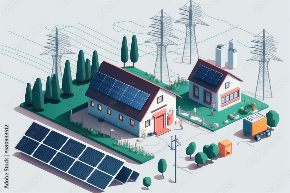 battery energy storage with house photovoltaic solar panels plant, wind