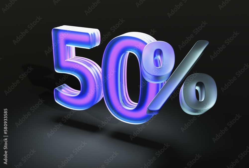 Numeral fifty with percent sign in glassmorphism style on dark isolated background 3d render Numeral fifty with percent sign in glassmorphism style on dark isolated background 3d render