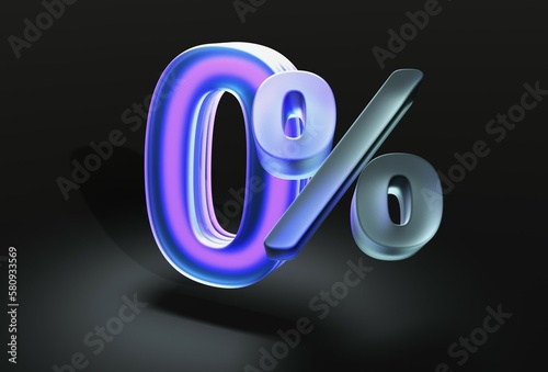Number zero with percent sign in glassmorphism style on dark isolated background 3d rendering