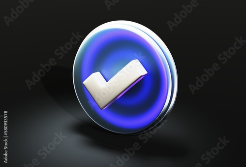 Check mark in circle in glassmorphism style on dark isolated background 3d rendering
