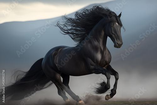 A powerful black horse in full stride was captured while running.  