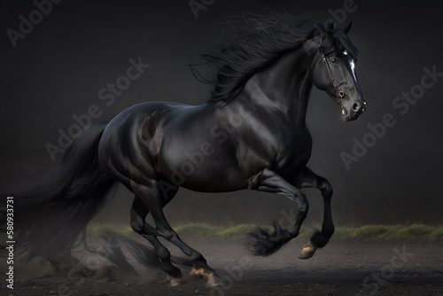 A powerful black horse in full stride was captured while running. 