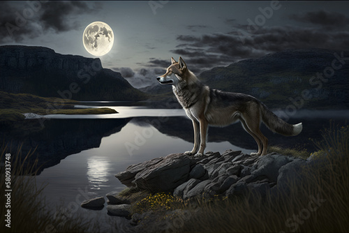 a wolf standing atop a rocky hillside overlooking a still lake, bathed in the light of a full moon. 