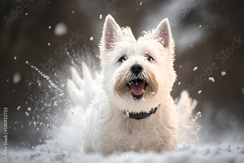 a white dog in the snow captured mid-play.