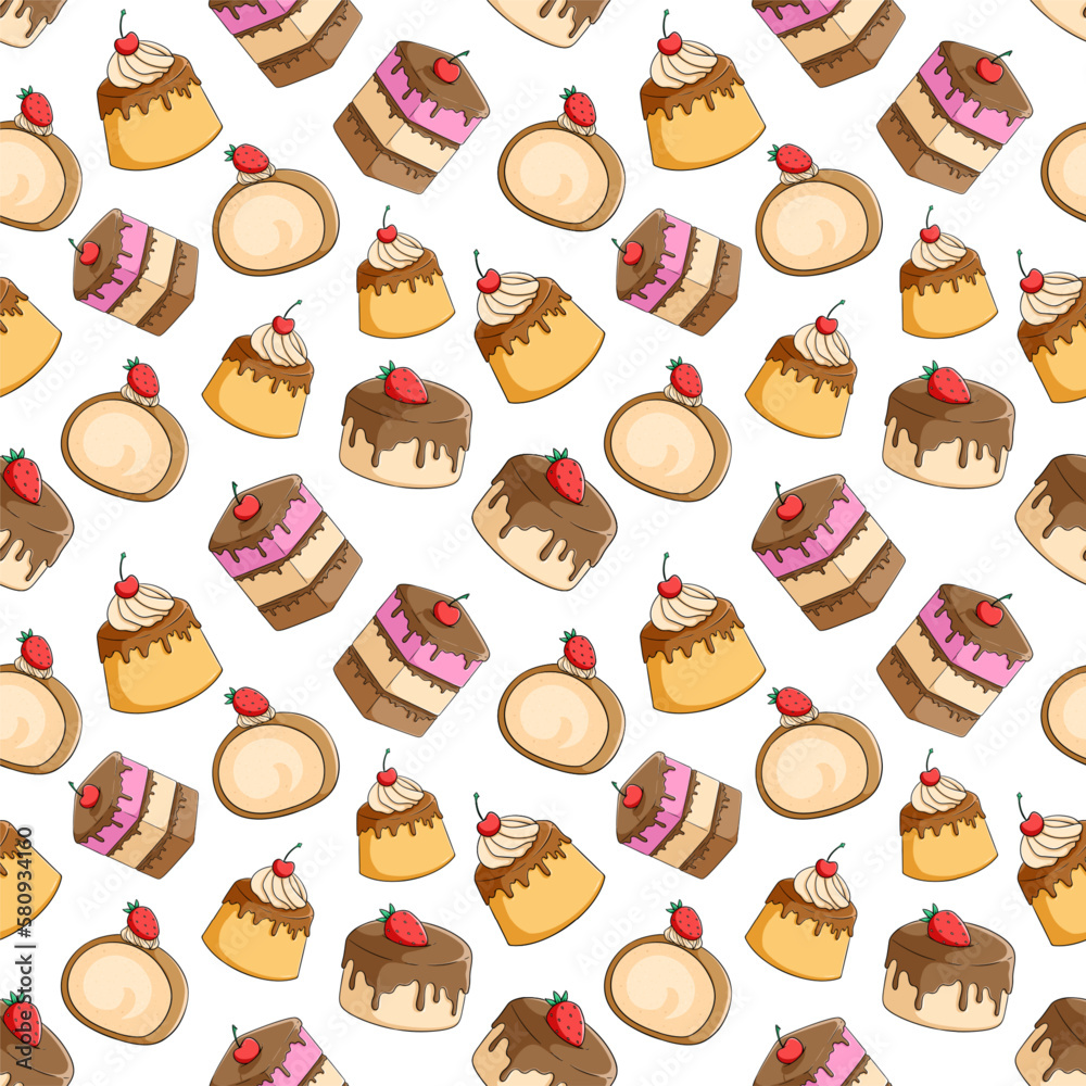 seamless pattern of cake roll, pudding and slice cake seamless pattern of cake roll, pudding and slice cake