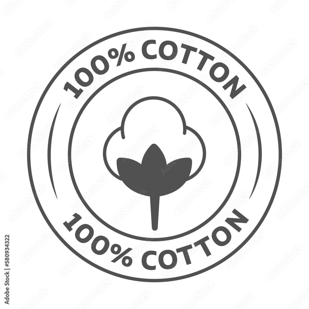 100% cotton icon. black and white vector label of 100% organic cotton icon.  badge, seal, sticker, logo, and symbol. Isolated vector illustration on  transparent background. Stock Vector