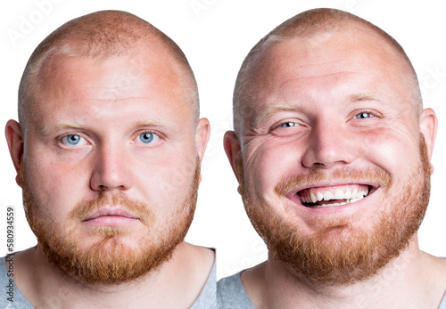 Serious and laughing face of a red-haired man with a beard close-up. Set, collage. Isolated on white background.