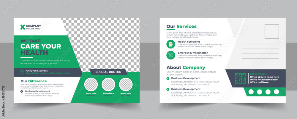 Health care, dental care medical postcard template, Medical and healthcare postcard flyer template design