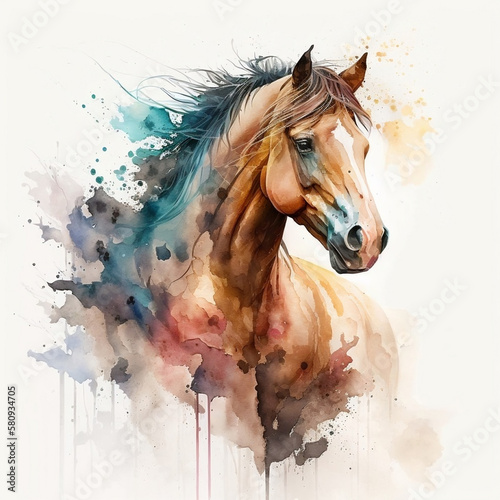 A watercolor painting of a horse on white paper. 