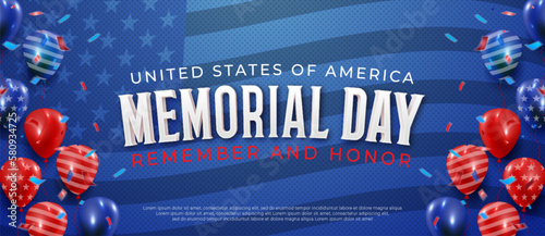 Text effect happy memorial day with flyng balloons and usa flag national american holiday event in blue background