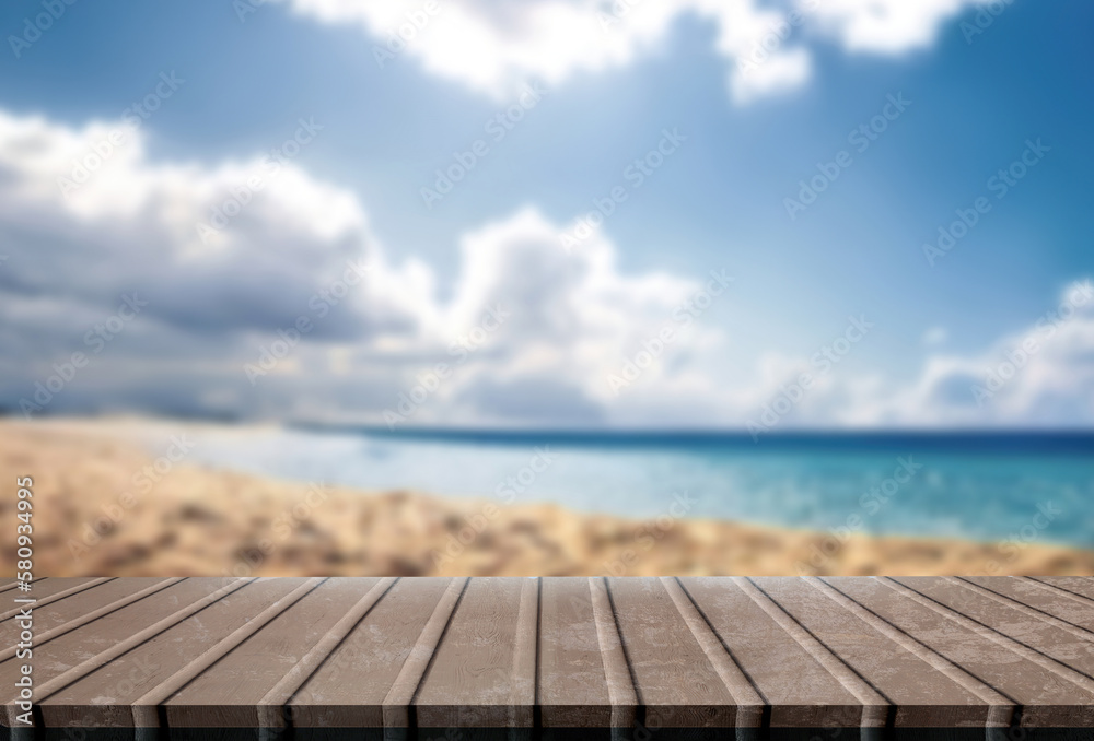 table top on blurred beach background, summer concept, can be used for display your products