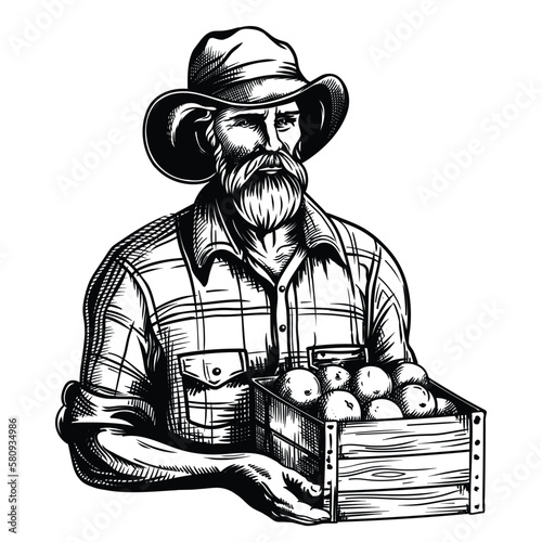An old farmer with a beard in a hat holds a box with an autumn harvest. Figure isolated on white background.