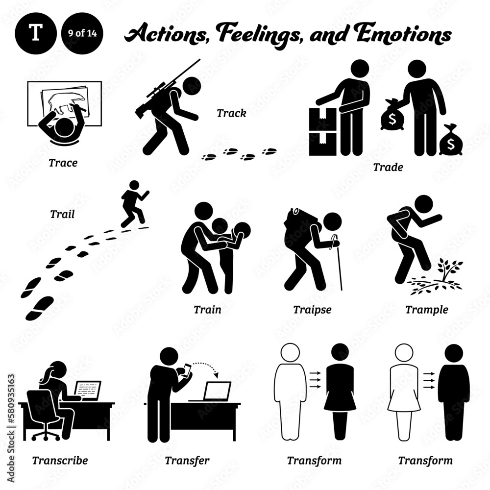 Stick figure human people man action, feelings, and emotions icons alphabet T. Trace, track