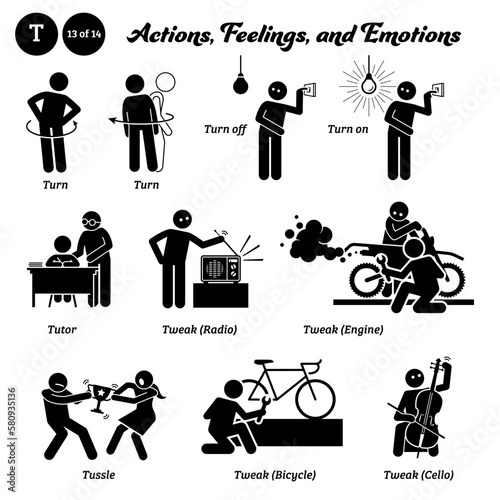 Stick figure human people man action, feelings, and emotions icons alphabet T. Turn, turn off, turn on, tutor, tweak, radio, engine, bicycle, cello, and tussle...