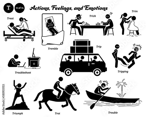 Stick figure human people man action, feelings, and emotions icons alphabet T. Treat, tremble, trick, trim, troubleshoot, trip, tripping, triumph, trot, and trouble...